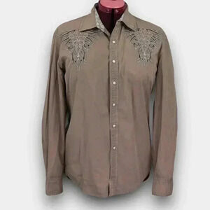 Cowboy Legend Women’s Western Snap Shirt L Tan Embroidered Back Scroll Yoke Trim
